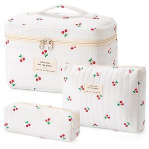 Quilted Makeup Bag, 3pcs Cotton Large Travel Makeup Bag, Cute Floral Coquette🌻